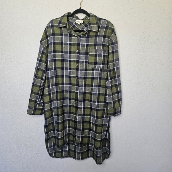 Before You Flannel Shirt Dress Medium Plaid Midi Hi Lo Button Down Green Blue - Picture 1 of 12